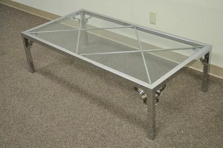 Mid Century Modern Chrome X-Frame Glass Top Hollywood Regency Coffee Table gallery