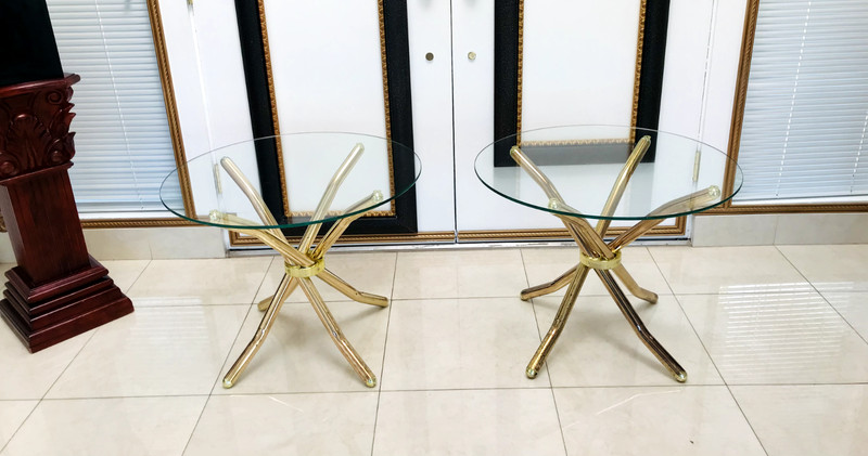 VTG! MCM! BRUTALIST DESIGN! HOLLYWOOD REGENCY (2) JAX BRASS & GLASS SIDE TABLES! gallery
