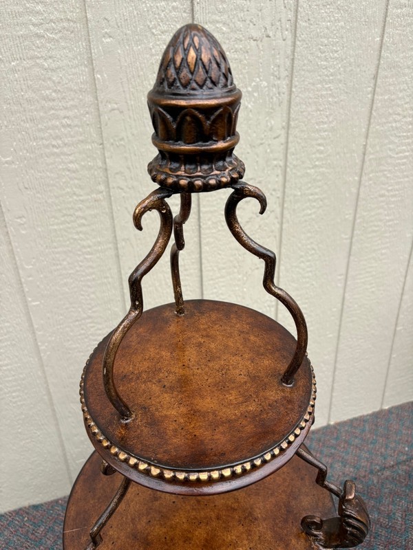 67831 Ornate Three-Tier Accent Table with Metal Scrollwork and Wood Finish gallery