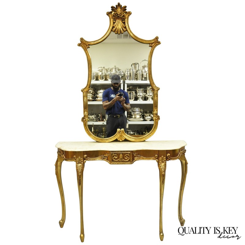 Vintage French Louis XV Victorian Style Gold Gilt Console Table & Mirror – 2 Pcs