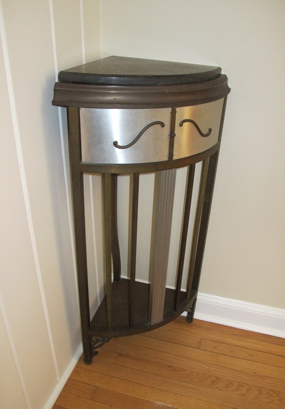 antique brass or bronze corner table pedestal - slate (or stone ?) top gallery