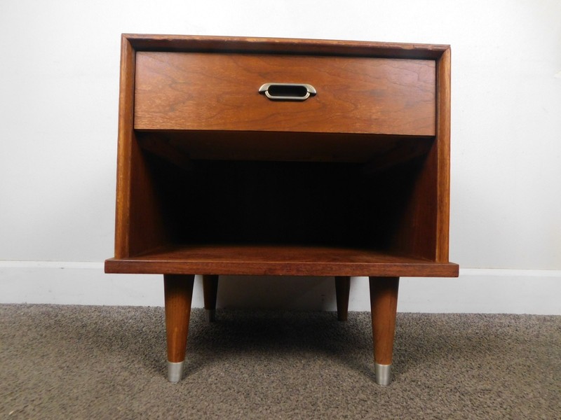 VTG ’60s Walnut Nightstand Bookcase Wet Bar Formica Top Cone Legs Side Table MCM