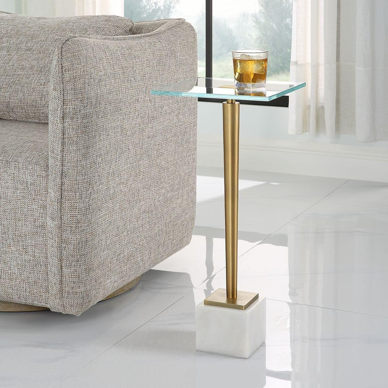 Miri Brass Accent Table with Tempered Glass Top and Marble Base - 25" H gallery