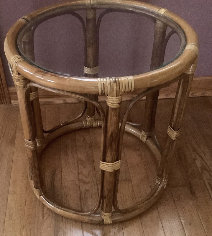 Vintage Rattan Bamboo Round Side End Table Glass Top MCM Tiki Boho Drum gallery