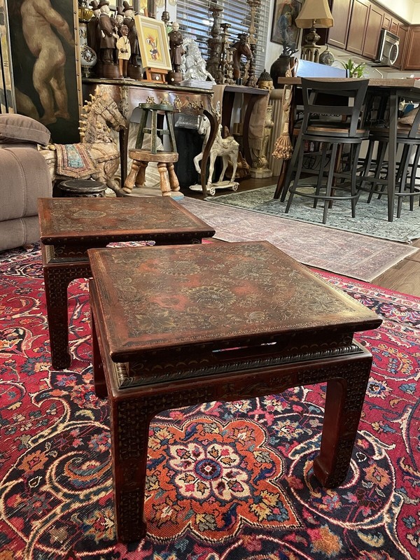 VINTAGE PAIR OF JOHN WIDICOMB Chinoiserie Painted Asian Inspired Side End Tables gallery