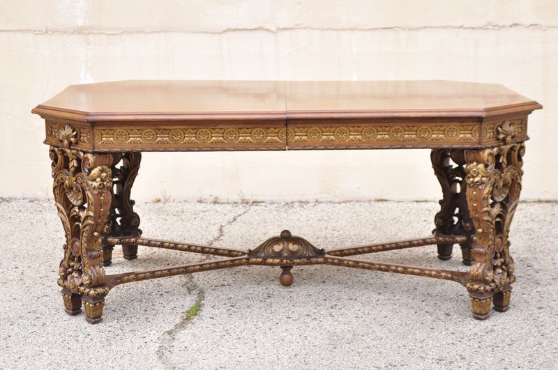 Antique French Baroque Rococo Revival Carved Walnut Dining Table w/ 2 Leaves gallery