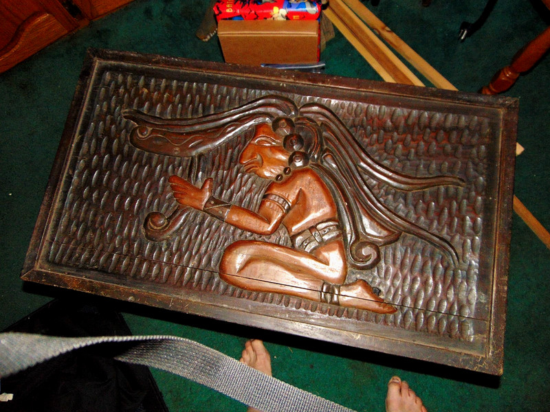 ANTIQUE MAYAN THEMED HAND CARVED WOOD COFFEE TABLE ( glass top included )