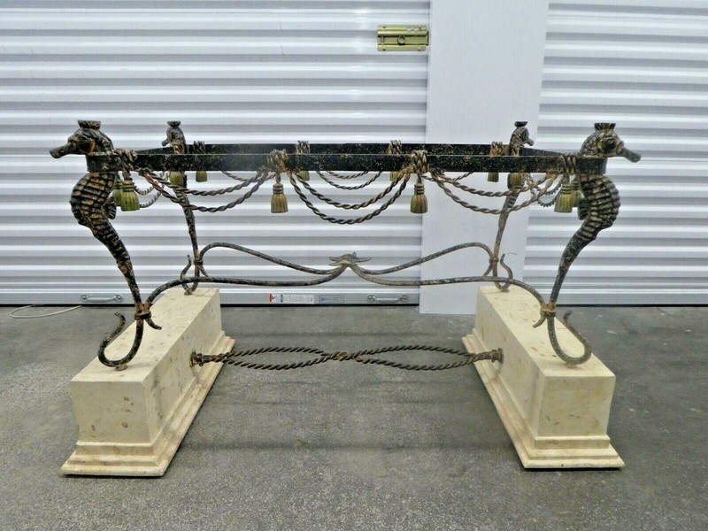 WROUGHT IRON SEAHORSE AND STARFISH CONSOLE TABLE ON TERRAZZO PLINTHS gallery