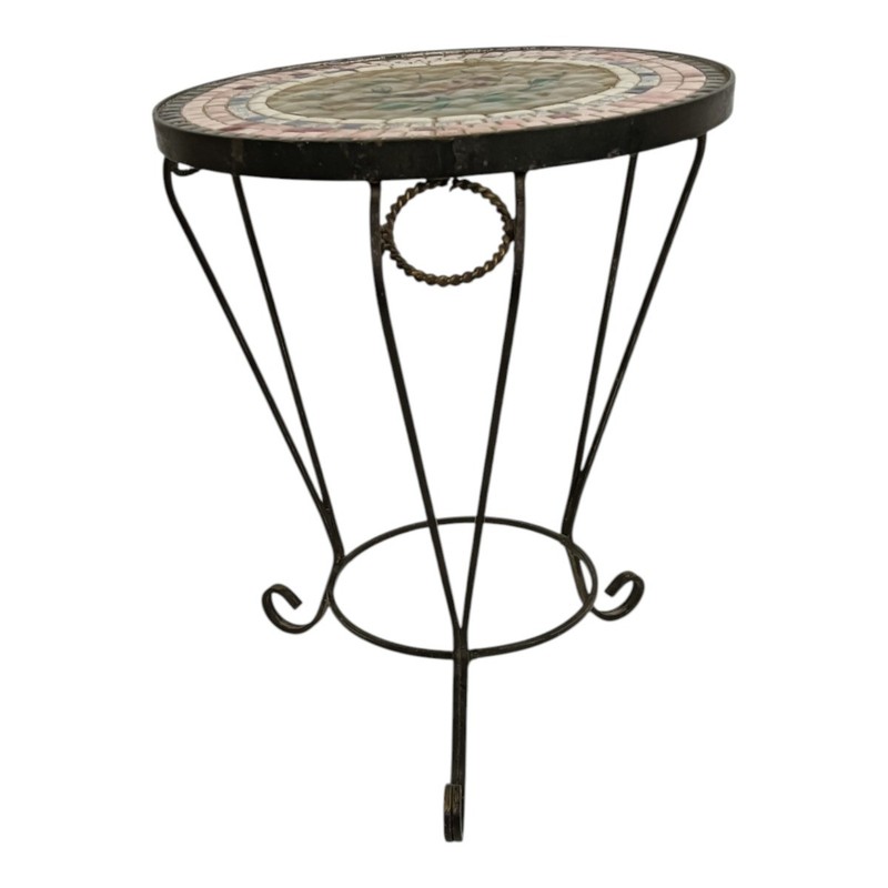 Vintage Mosaic Ceramic Bird Side Table with Wrought Iron Legs gallery