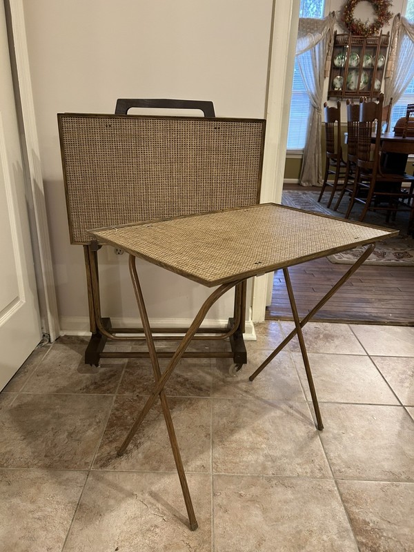 1960s Vintage Faux Wood/Metal Bottom -Rattan top TV Trays w/ Rolling Stand Cart