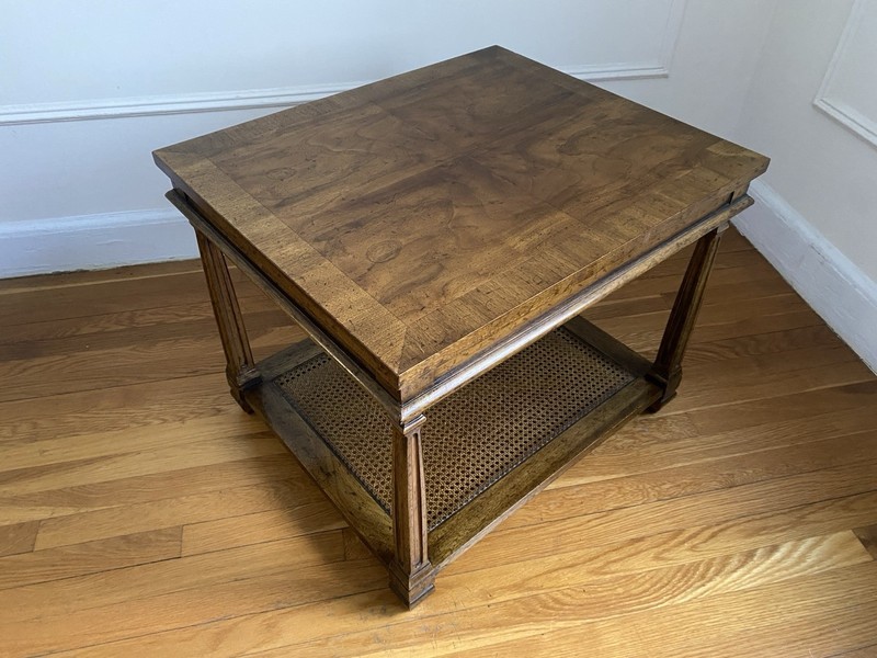 Heritage 2-Tier Burl Fruitwood & Cane Side Table with Pull-Out Tray - 1970s gallery