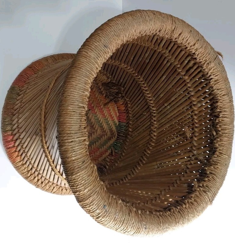 Mid Century Modern Spiral Cane & Woven Sisal Stool/Table/Basket 14" gallery