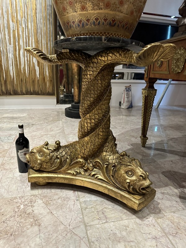 Exceptional Koi/Dolphin Giltwood Table/ Pedestal Handcarved