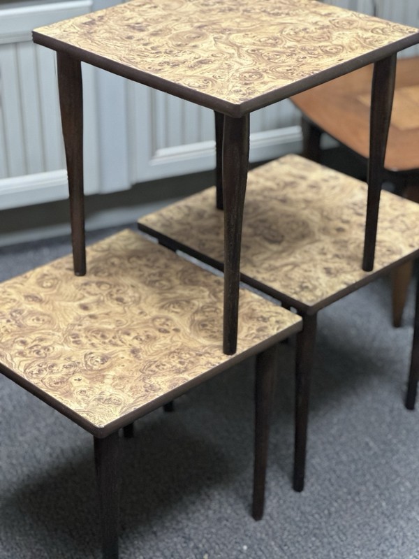 Vintage MCM Set Of 3 Faux Wood Formica Nesting Stacking Tables gallery