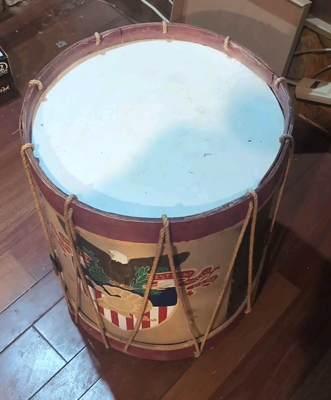 Rare Vintage Historical Painted Eagle Drum Table gallery