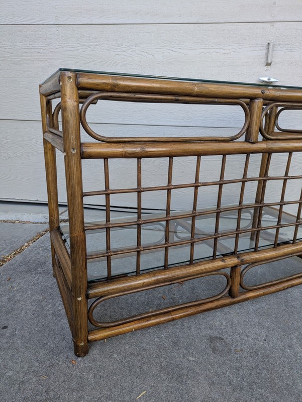 Vintage Mid Century Modern Boho Chic Bamboo Rattan 2-Tier Glass Console Table gallery