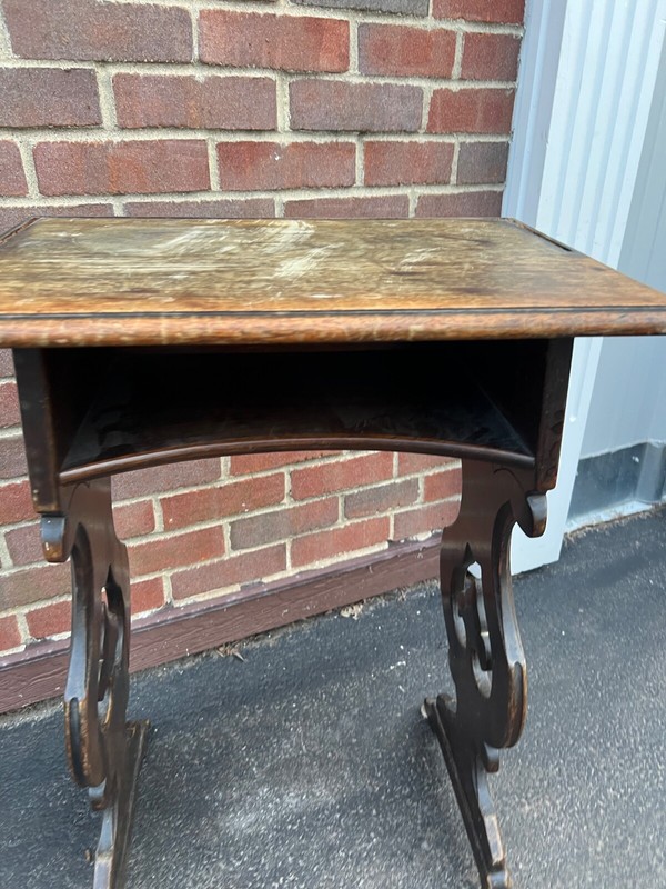 vintage wood Table Desk With Lyre trestle Legs 29”x19”x13” gallery