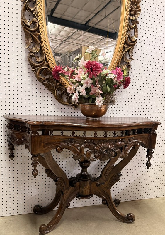 Vintage Victorian Rococo Revival Carved Walnut Wall Console Table Serpentine Top