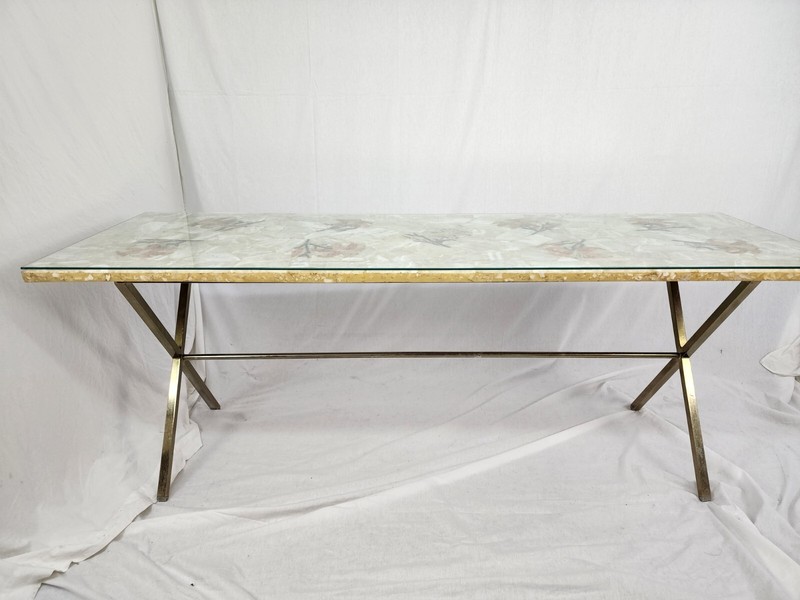 Inlaid Flowers Marble Long Table Chrome Legs Mid Century Modern Vintage Colorful gallery