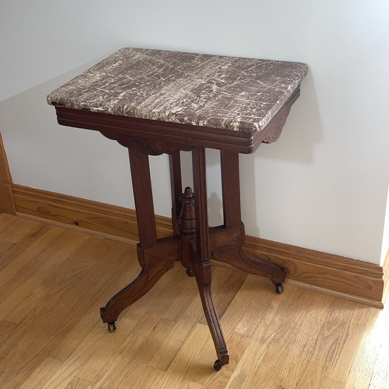 Eastlake Victorian Wood Marble Top Parlor Side Table Spoon Carvings 1880’s