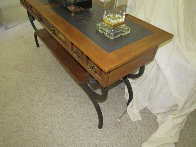 Oak Iron Base 3 Drawer Long Console with slate top gallery