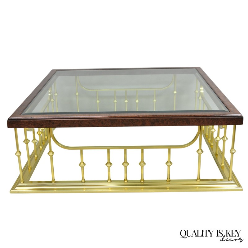 Vintage Erwin Lambeth Burl Walnut Brass Fireplace Fender 42″ Square Coffee Table