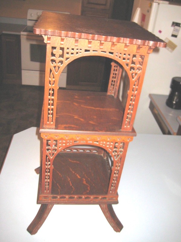 Fancy Scroll Frett Work Antique Victorian 1/4 Saw Oak Three Tiered table Stand gallery