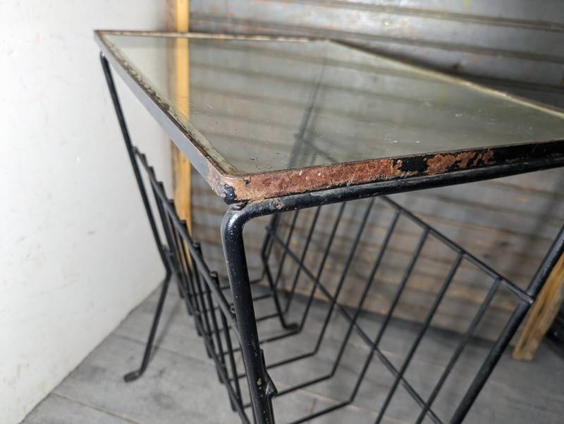 Vintage Mid Century Modern Black Wrought Iron Glass Table with Magazine Rack gallery