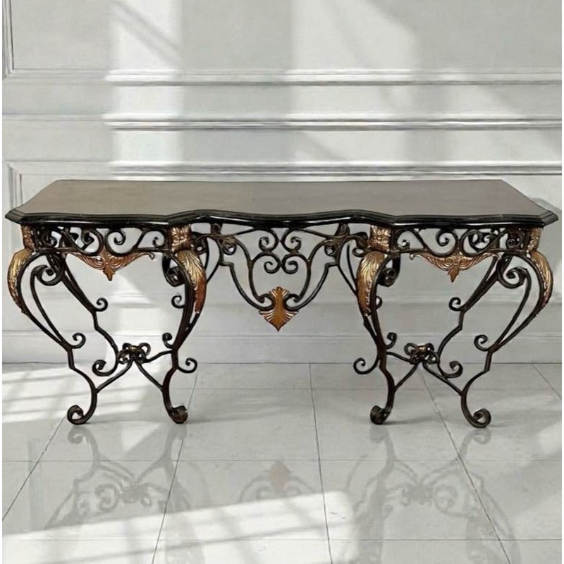 Maitland Smith Wrought Iron Emerald Green Marble Top Entry Table Statement Piece