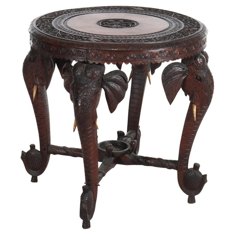 Antique Anglo Indian Figural Carved Rosewood Side Table With Elephants & Figure