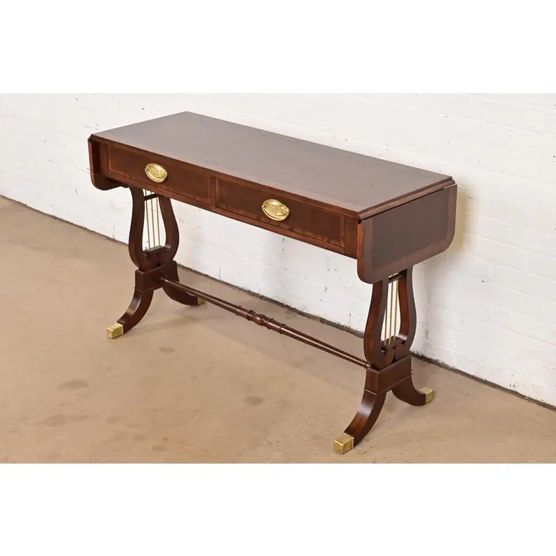 Baker Furniture English Regency Lyre Base Console Table, Newly Refinished