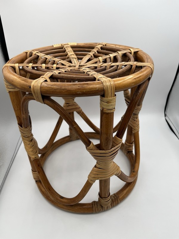 Vintage MCM Boho Chic Bamboo Rattan Round Table Stool Coastal Tiki Plant Stand gallery