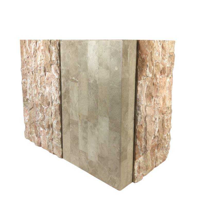 2 MCM MAGNUSSEN FURNITURE Tessellated Marble Stone Brass + Glass Side End Tables gallery