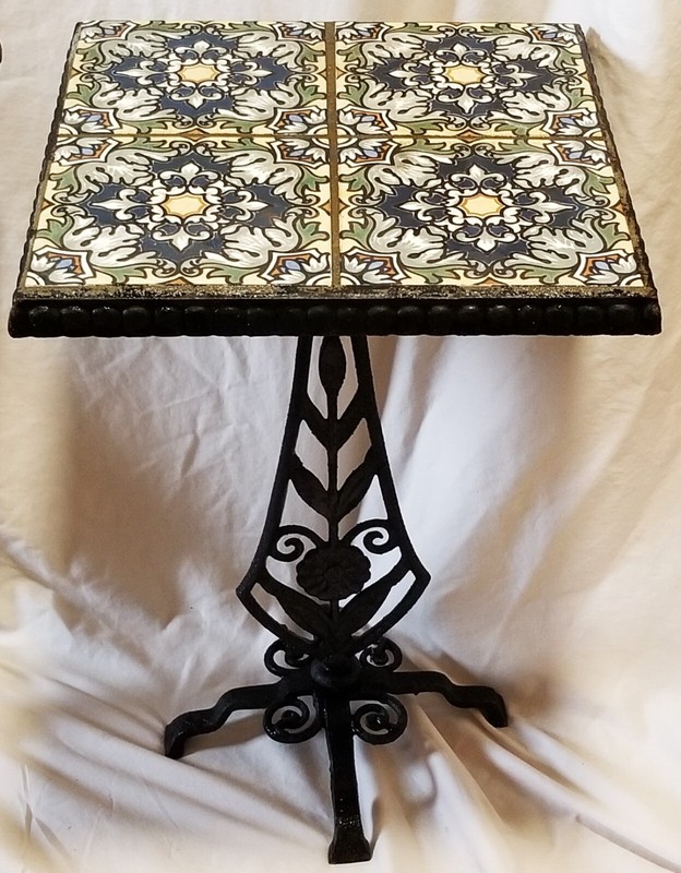PAIR Antique Arts & Crafts Catalina Tile Top Wrought Iron Tables 19" x 12.5" gallery