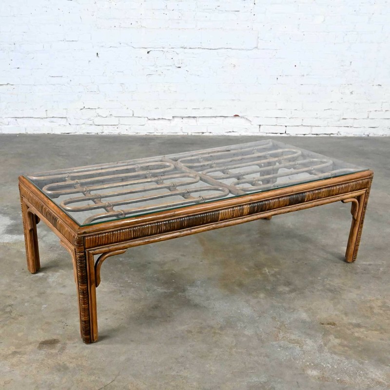 Vintage Organic Modern Rattan Coffee Table & Side Table Style Ficks Reed, pair gallery