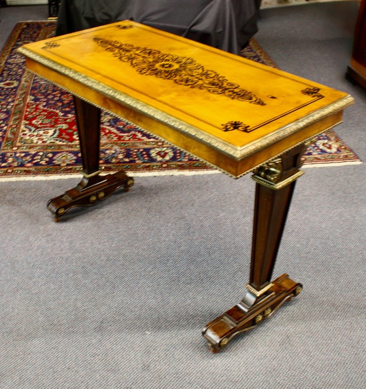 French Satinwood Table: Console, Foyer, Library, Sofa. Marquetry Inlay. 1940s gallery