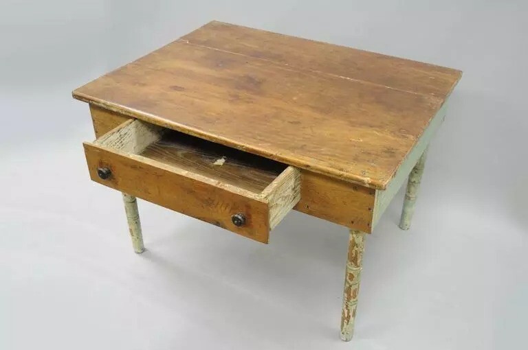 American Primitive Blue Green Distress Painted Rustic Barn Wood Farm Work Table gallery