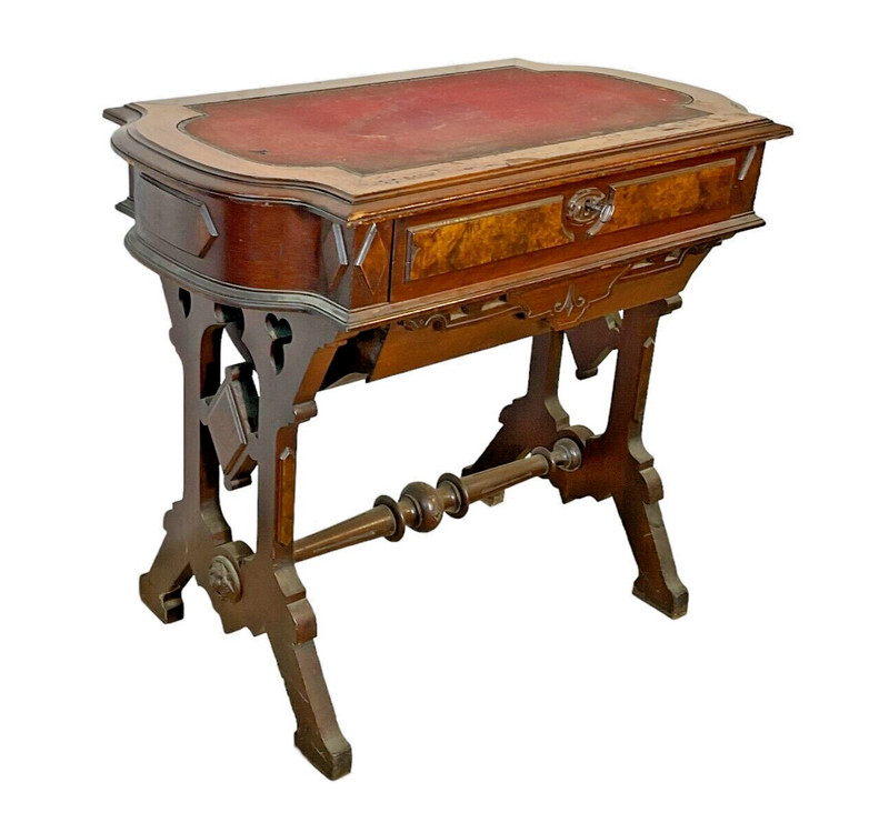 Antique Victorian Burl Walnut Sewing Table Work 1870 Stand Renaissance Revival