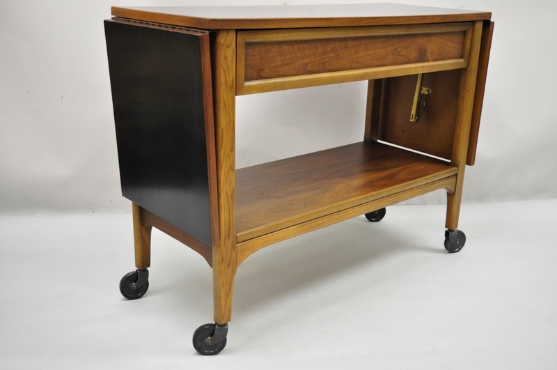 Lane Mid Century Modern Walnut Modern One Drawer Drop Leaf Rolling Bar Cart gallery
