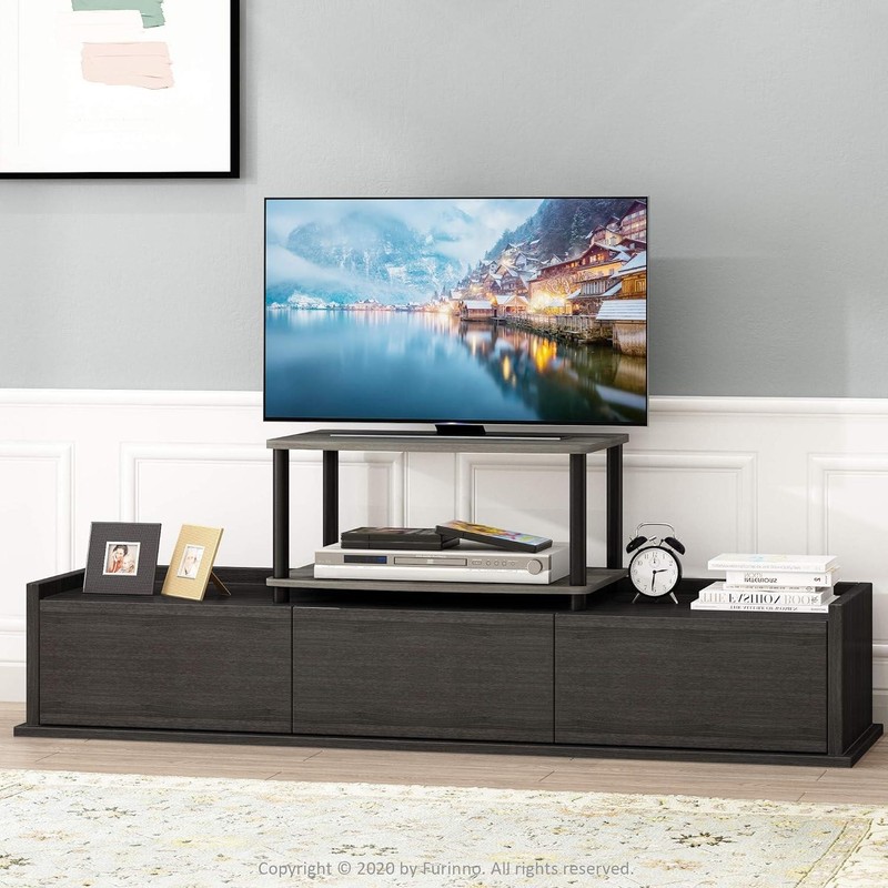 2-Tier Elevated TV Stand, French Oak Grey/Black, High Quality gallery