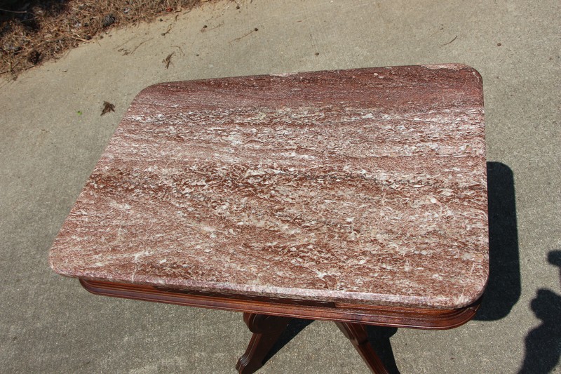 Large Walnut Victorian Eastlake Aesthetic Brown Marble Top Table ~ Ca.1880 gallery