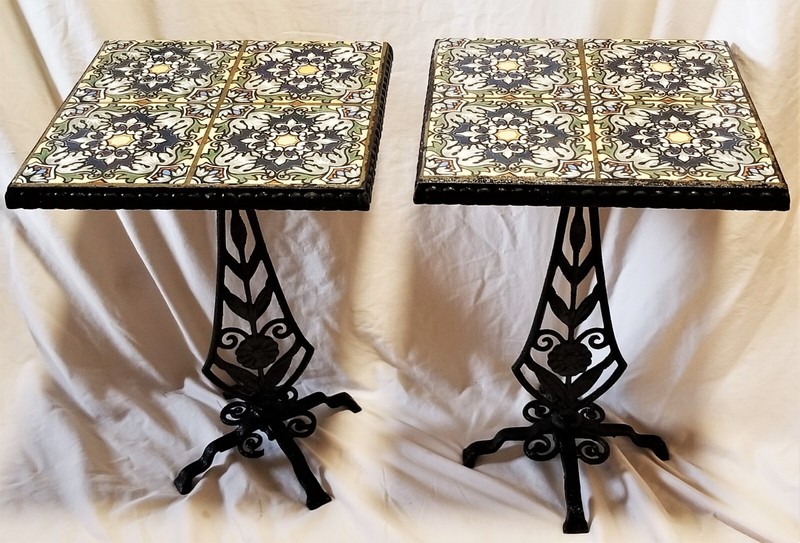 PAIR Antique Arts & Crafts Catalina Tile Top Wrought Iron Tables 19″ x 12.5″