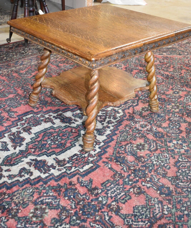 Antique Oak Side Table-Wood Stand with Barley Twist Legs gallery