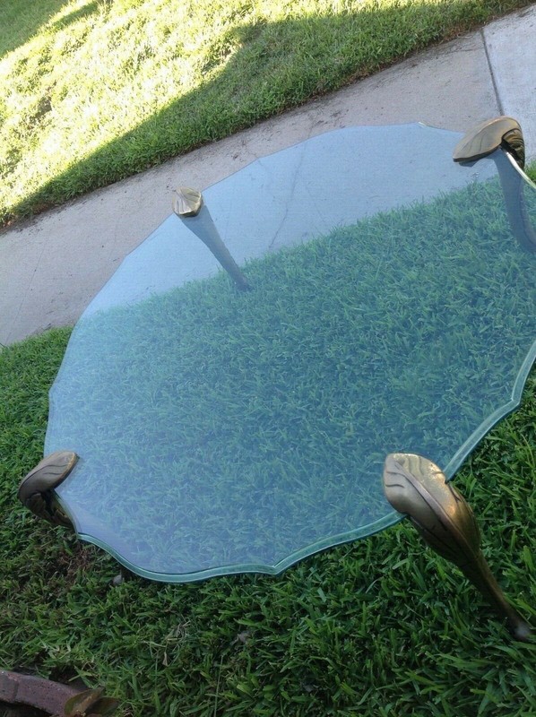 Vintage 60's Glass Table Top With 4 Brass Legs Coffee Table 41" Diameter gallery