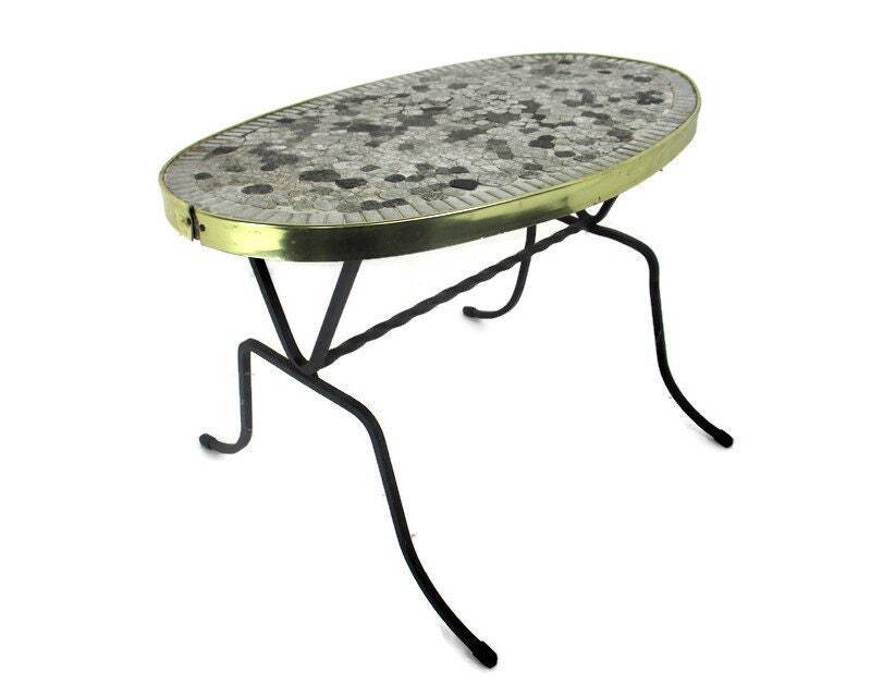 Vintage Side Table Plant stand Mosaic tiles Checkered pattern Wrought Iron Funky