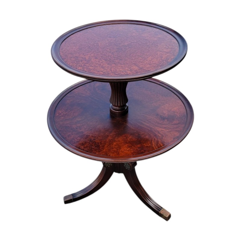 1930s English Regency Style Burl Fruitwood Two-Tier Butler Table Vintage Antique