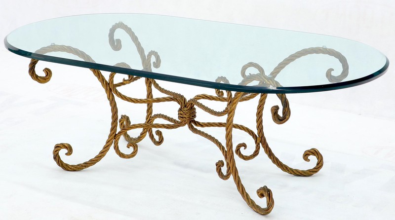 Twisted Wrought Iron Rope Gold Gilt Base Oval Racetrack Glass Top Coffee Table gallery