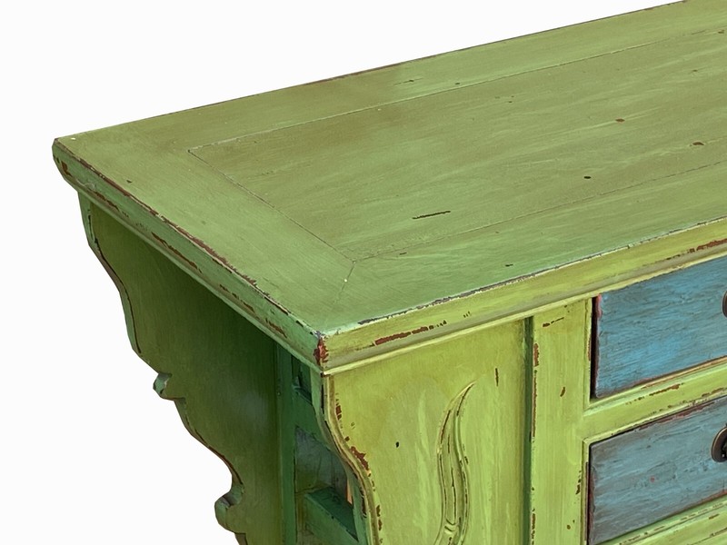 Distressed Lime Green 6 Blue Drawers Pedestal Sideboard Console Cabinet cs7823 gallery