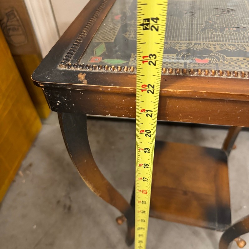 Vintage Antique Wood Game? Table Curved Legs Two Tier Horse Cowboy Fabric - READ gallery