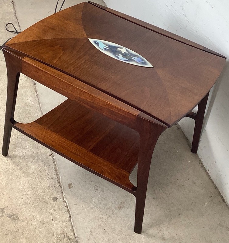 John Stuart Inc Walnut Two-Tier End Table Enamel Inlay Splayed Legs MCM gallery